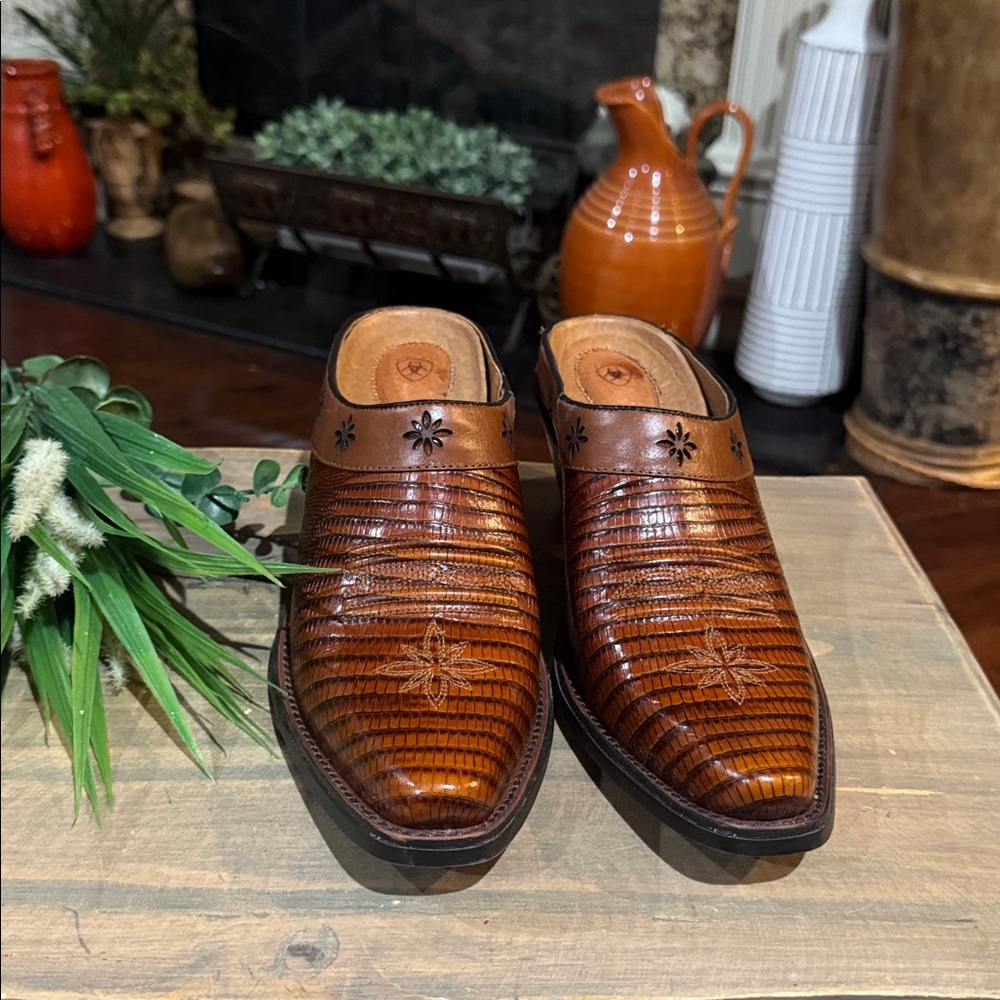 Ariat Desert Star Lizard Leather Clog Mules Size 8.5B Brown Block Heel Slip On - Picture 3 of 9